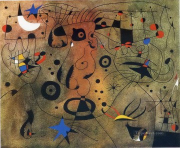 three women at the table by the lamp Painting - Woman with Blond Armpit Combing Her Hair by the Light of the Stars Joan Miro